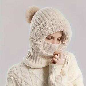 Womens Black Knit All in One Beanie Mask Scarf Combo -F